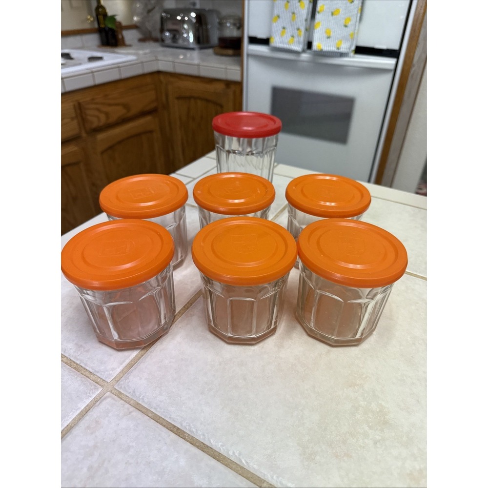 Vintage French Glass Jam Jars 500ml Le Parfait Faceted Jelly Pots Lids Set of 6